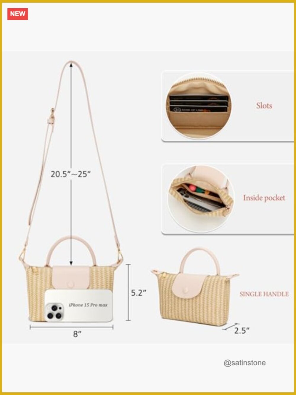 Mini Straw Crossbody Bag with Top Handle - Summer Beach Purse - Picture 3 of 7